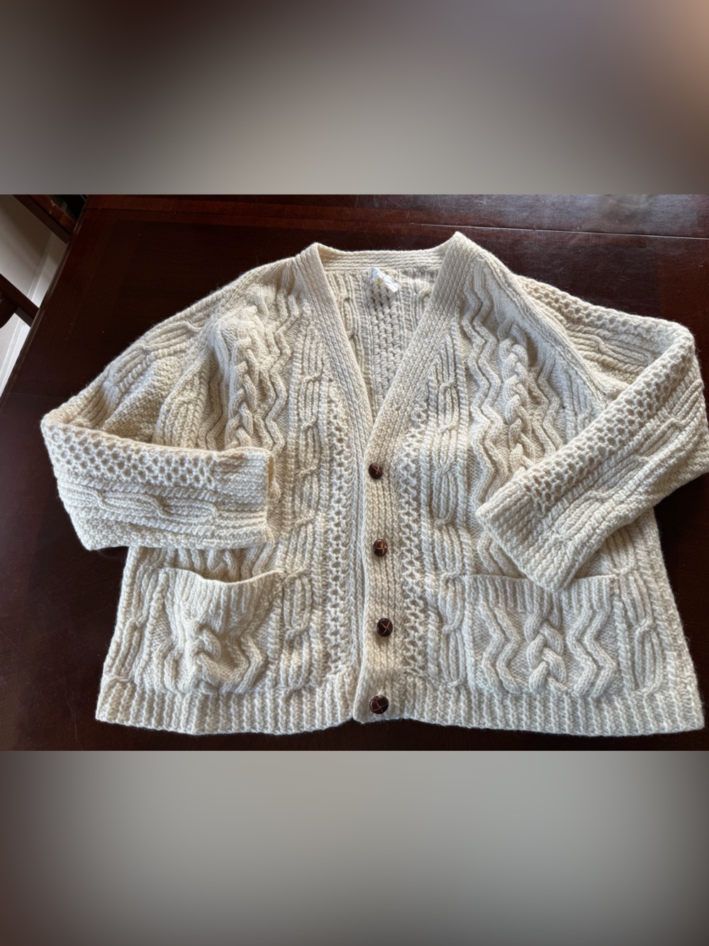 Handknit 100% Pure Wool Cream Cable Knit Button-Front Sweater Cardigan Ireland